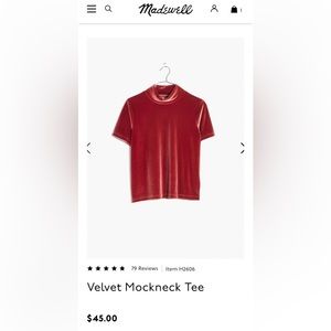 Madewell Velvet Mockneck Tee. Size XS.